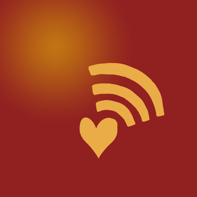 EmpathieundMeer(7d) weinroter Hintergrund mit Lichtpunkt, WLAN-Icon mit Herz als Ausgangspunkt