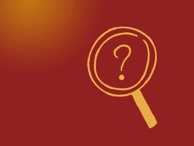 weinroter Hintergrund mit Lichtpunkt, Lupensymbol mit Fragezeichen in gelbgold