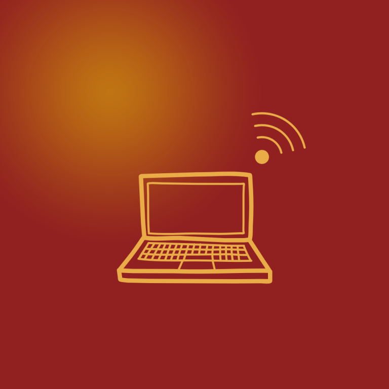 EmpathieundMeer(7a) Weinroter Hintergrund mit Lichtpunkt, Laptop- Icon mit WLAN Symbol in gelbgold